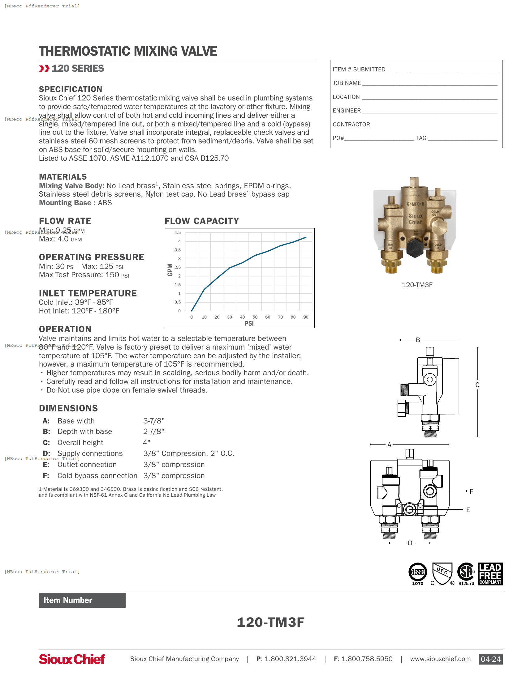 120-TM3F - THERMOSTATIC MIXING VALVE - SPEC SHEET.PDF Specification Document